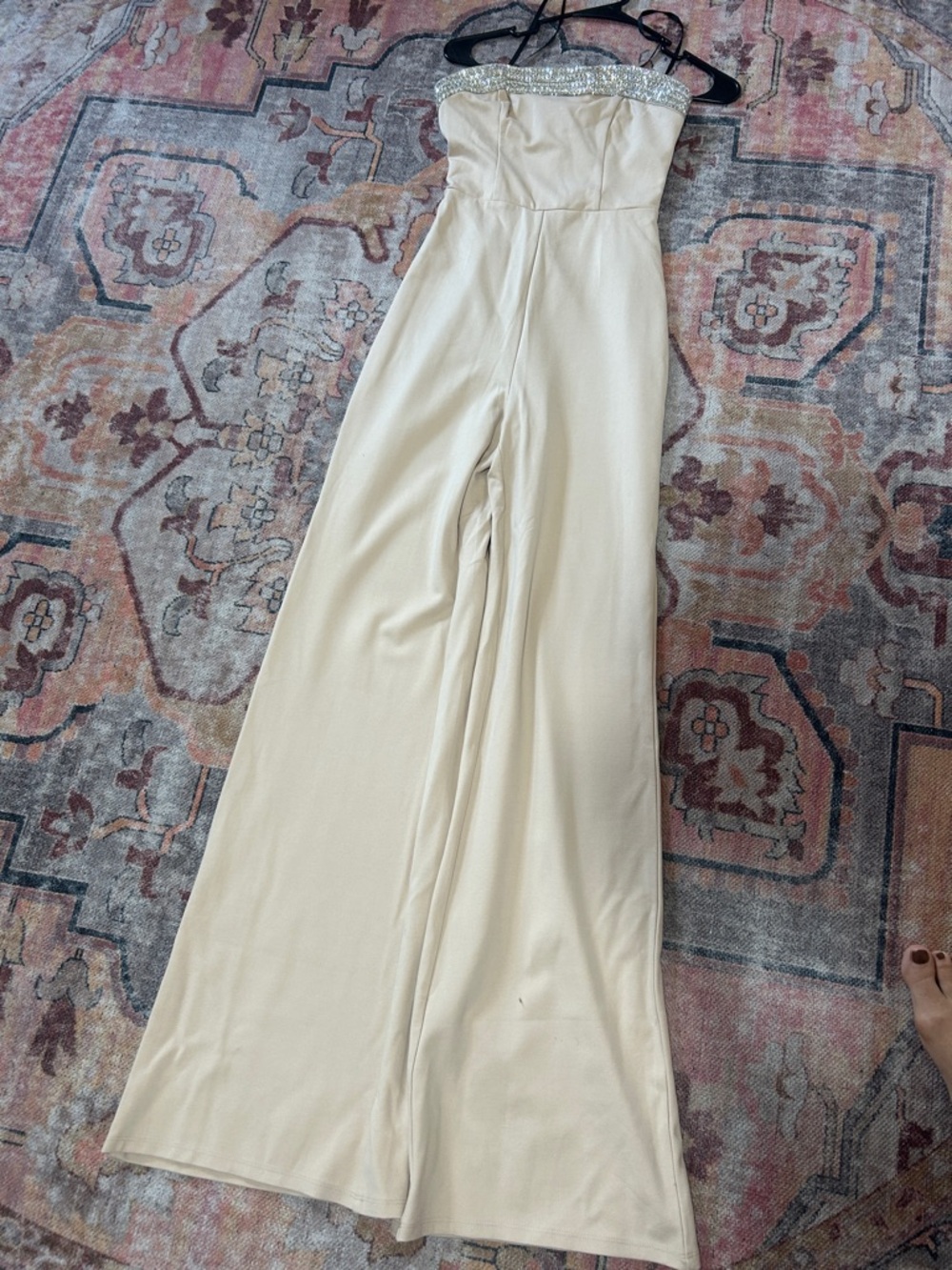 bebe Cream Strapless Wide-Leg Jumpsuit with Embellished Bandeau Trim